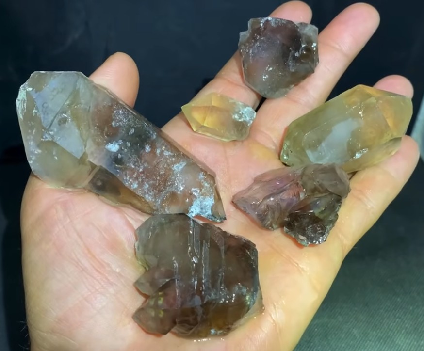 Citrine and amethyst quartz crystal specimens